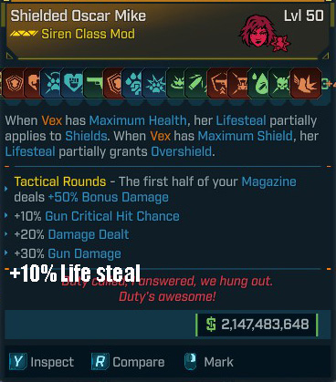 MODDED MODDED Siren (Vex) Class Mod(+70 Statistical Skills)