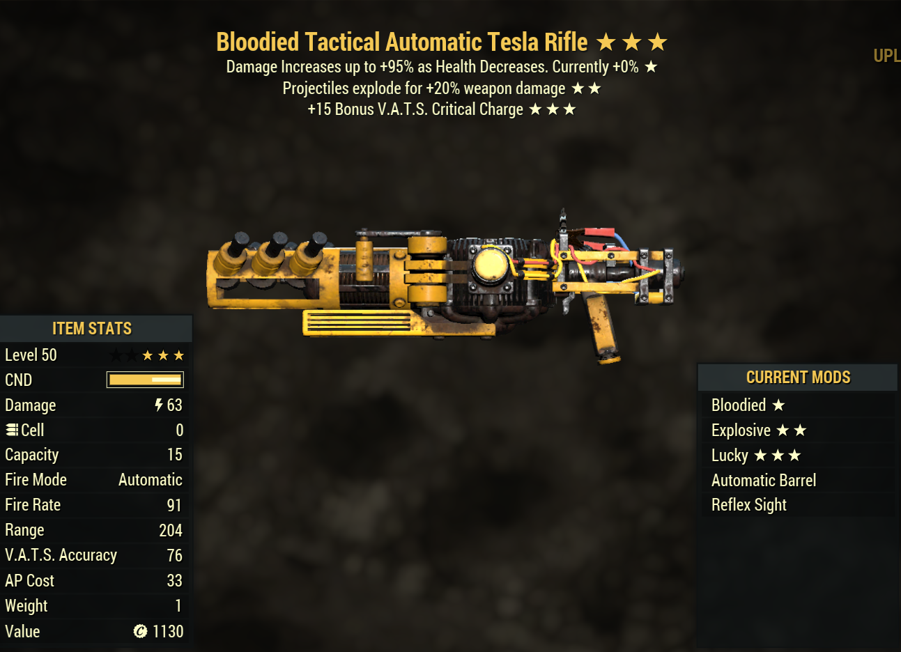 Bloodied Tesla Rifle (Explosive) (+Lucky)
